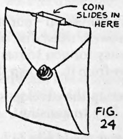Fig. 24. — The three envelopes sealed with wax, with the tube fitted into the slits at the top and an arrow labelled Coin slides in here.