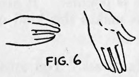 Fig. 6. — The open left hand shown empty, one view from the side and one palm towards the audience, the cigarette having vanished.