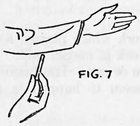 Fig. 7. — The left arm held out with the right hand reaching behind the elbow, and below it the right fingertips bringing the cigarette out.