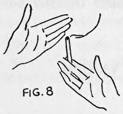 Fig. 8. — The right hand holds the lighted cigarette upright between first and second fingers, palm towards the audience, with the left hand below.