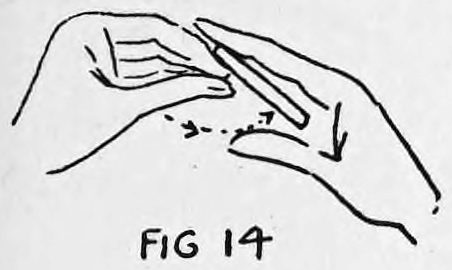 Fig. 14. — Right second finger tip presses outward on the end of the cigarette, pivoting it toward the right hand, with a small arrow.