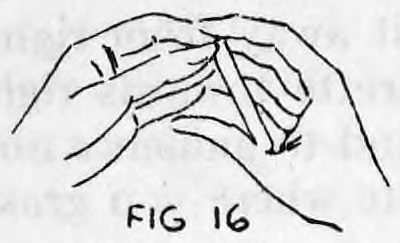 Fig. 16. — Right hand with the cigarette pivoted into position, its end in the crotch of the thumb, the left hand nearby.