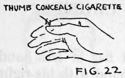 Fig. 22. — Right hand turned to show the palm empty, with the thumb pressed against the fingers to conceal the cigarette; lettered "Thumb conceals cigarette".