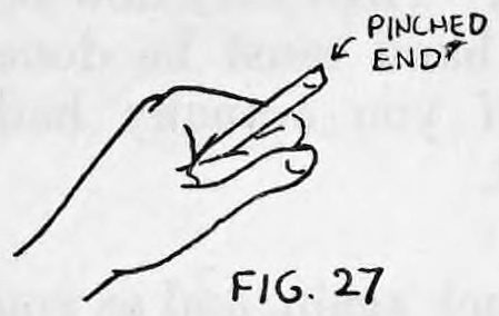 Fig. 27. — Closed left fist holding the cigarette with its flattened end upward; lettered "Pinched end" with an arrow pointing to the flat tip.
