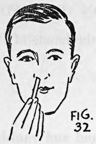 Fig. 32. — Head and shoulders of the performer with the cigarette held against his right nostril between the fingers of the right hand.