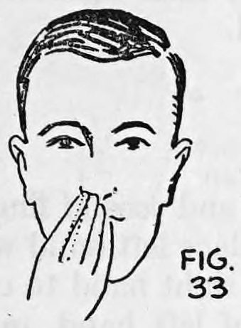 Fig. 33. — Performer with the right hand slid up along the cigarette to the nose, fingers and thumb closed around it.