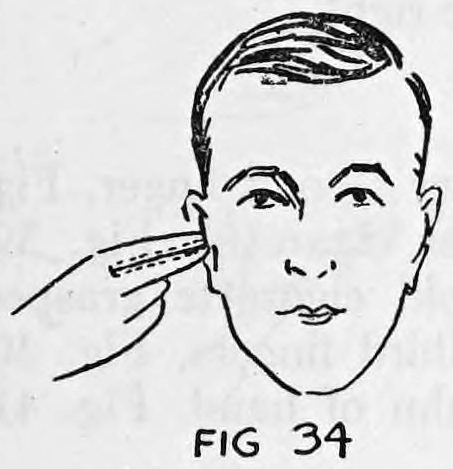 Fig. 34. — Performer reaching up with the right hand, cigarette pressed against the first two fingers, to the opening of his right ear.