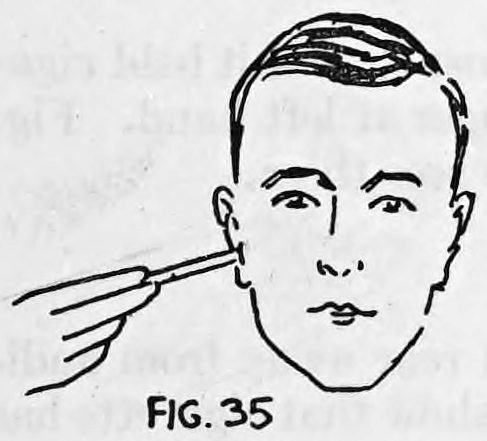 Fig. 35. — Performer bringing the cigarette out, apparently from the right ear, held in the fingers of the right hand.
