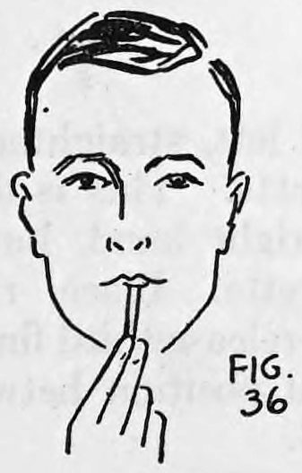 Fig. 36. — Performer holding the cigarette against his lips with the right hand, fingers pointing upward along it.