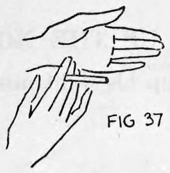 Fig. 37. — Cigarette held between the first and second fingers of the right hand, with the left hand placed back to the audience above it.