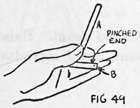 Fig. 49. — Left hand with the concealed pinched cigarette B in the crotch of the thumb and exposed cigarette A at thumb and finger tips; lettered "Pinched end".
