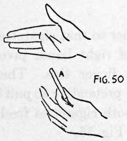 Fig. 50. — The same left hand as the audience sees it, with the left side of the body toward them, apparently holding only the one cigarette A.