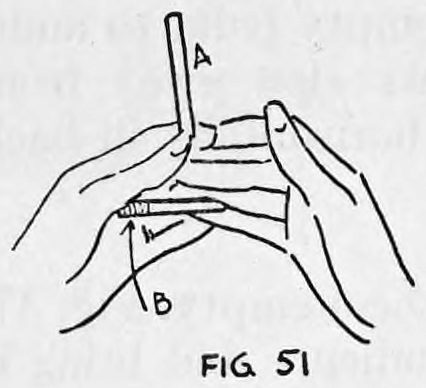Fig. 51. — Right fingers placed just inside the left fingers, gripping the pinched end of concealed cigarette B while exposed cigarette A stands upright; both lettered.