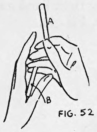 Fig. 52. — Hands beginning to move left, the right finger tips taking cigarette A and removing cigarette B from the crotch of the left thumb; both lettered.