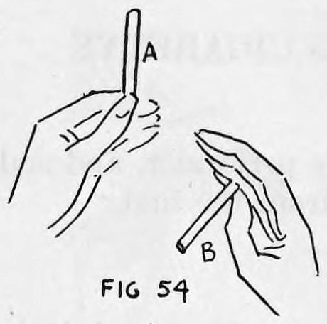 Fig. 54. — Cigarette A held upright in the left hand while the raised right hand has its thumb under cigarette B; both lettered.