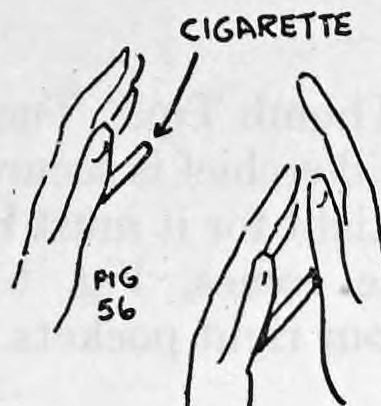 Fig. 56. — Left hand holding the cigarette in the crotch of the thumb, lettered "Cigarette", with the right hand coming down to it.