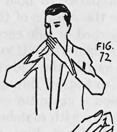 Fig. 72. — A man in a jacket holds both hands cupped up to his mouth as if lighting a cigarette, hiding the box and the real cigarette.