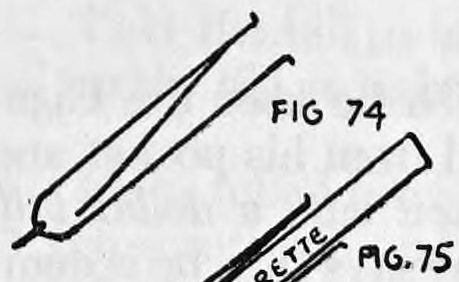 Fig. 74. — A slender metal cigarette pull seen from the side, a long thin tube tapering to a point at the lower end.