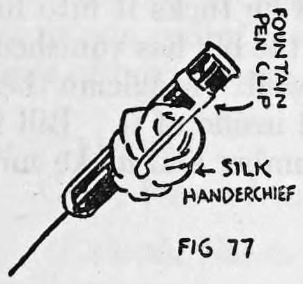 Fig. 77. — The pull with a fountain pen clip attached; a hand holds a silk handkerchief under the clip beside the cigarette. Labels read fountain pen clip, silk handkerchief.