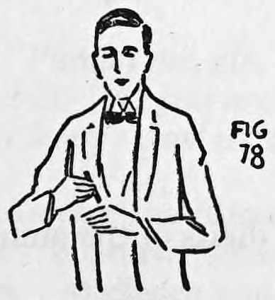 Fig. 78. — A man in a dinner jacket faces front with his left hand raised before his body, the hand and arm hiding the pull and its elastic.