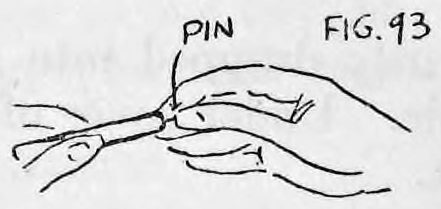 Fig. 93. — A hand seen from the side holds the black pin between thumb and forefinger, ready to push it into a cigarette; the word pin is lettered above.