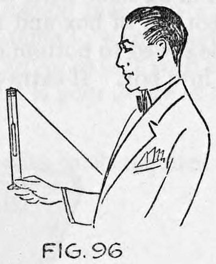 Fig. 96. — A man in a suit stands in profile holding the tube upright at the bottom in his left hand, with the thread running to his vest.