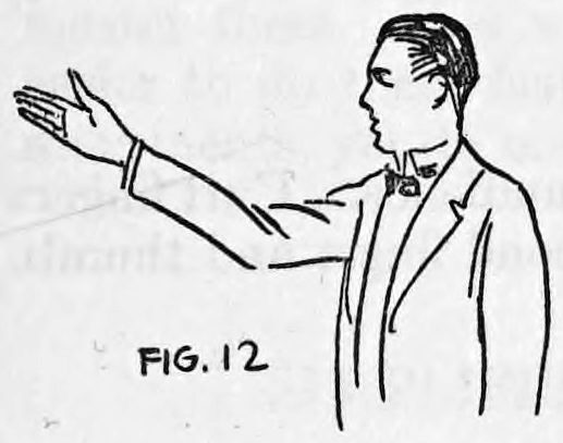 Fig. 12. — A man in a suit, in profile, with his right arm held out and the hand straightened, the card now pivoted to the back of the hand.
