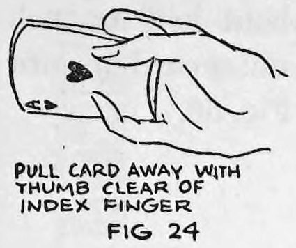 Fig. 24. — The right hand with the thumb pushing the outer card down until it is clear of the first finger; lettered below, pull card away with thumb clear of index finger.