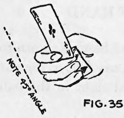Fig. 35. — A hand holds a card upright at its fingertips, with a dotted line marking the 45-degree angle of the hand to the body.