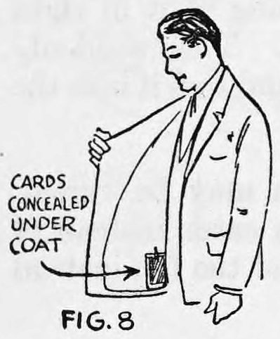 Fig. 8. — A man in a coat opens the right side to show the clip sewn inside, with the cards hanging below; label reads cards concealed under coat.