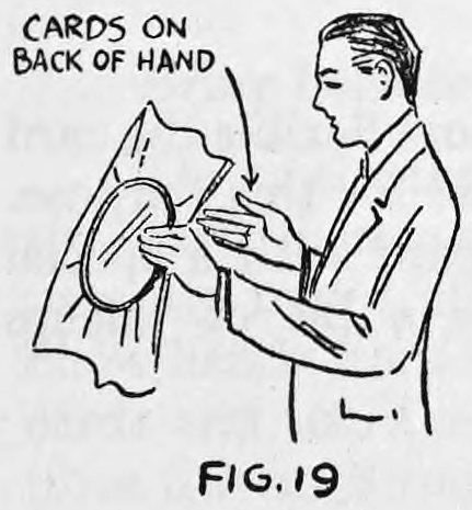 Fig. 19. — A man in profile holds the hoop up with the left hand while the right hand behind it shows the cards on the back of the hand.
