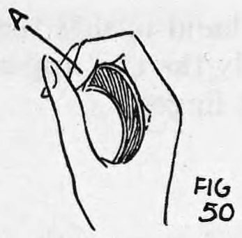 Fig. 50. — The right hand curved inward, its thumb holding edge A of the palmed card as the hand moves toward the body.
