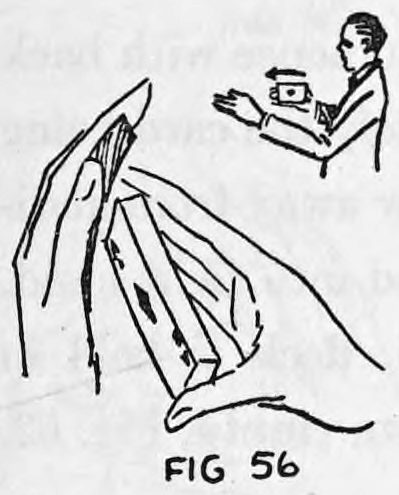 Fig. 56. — The left hand with the palmed card moves over the deck, with a small diagram of a performer showing the hand moving to the right.
