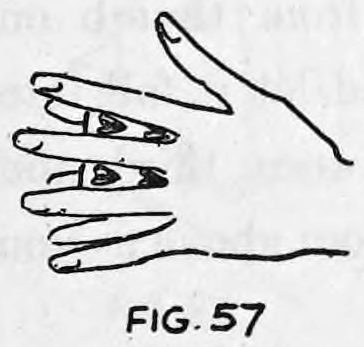 Fig. 57. — The left hand moves to the left with fingers spread wide open, the palmed card now placed on the deck.