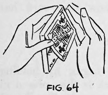 Fig. 64. — The right hand, held below the deck and then brought up, places the concealed card against the front of the deck held in the left hand.