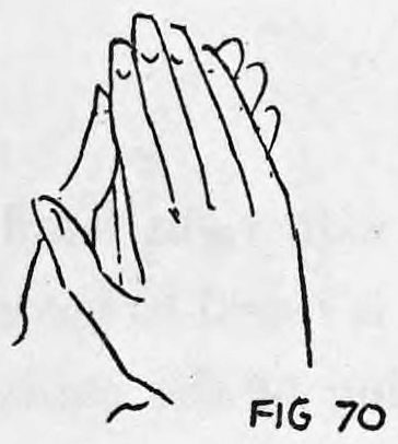 Fig. 70. — The right hand slapped flat down over the deck, leaving the palmed card on the deck.