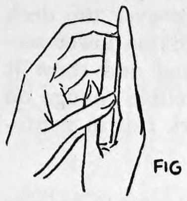 Fig. 73. — The right hand brought up to the deck held in the left hand, fingers in front of the deck and thumb behind it.