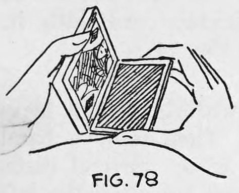 Fig. 78. — The deck cut in two packets, one in each hand, the right hand packet dropped so the front card of the left hand section shows.