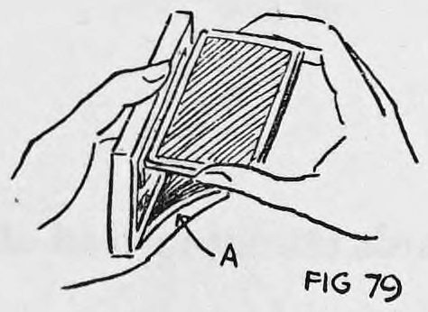 Fig. 79. — The right hand packet pulled up against the left hand one while the left fingers curve and press against the bottom card, marked A.