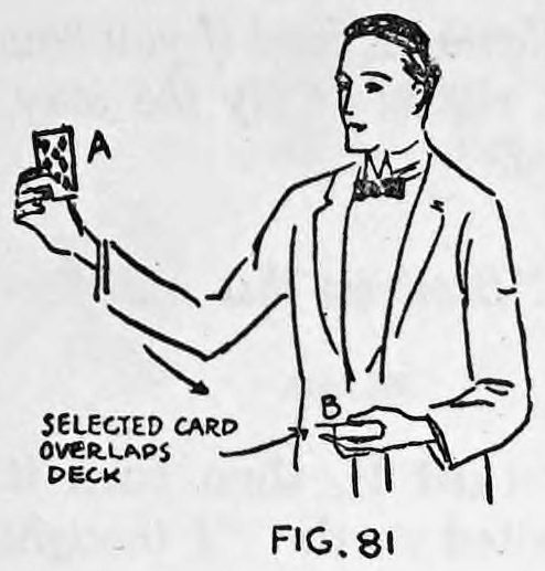 Fig. 81. — A performer in a bow tie holds card A up in his right hand, the deck in the left, with selected card B overlapping the deck by half an inch.
