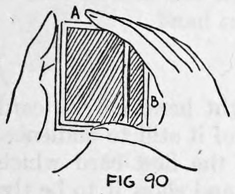Fig. 90. — Card A brought down on the pack while the right thumb and second finger grasp card B, both cards in front of the deck.