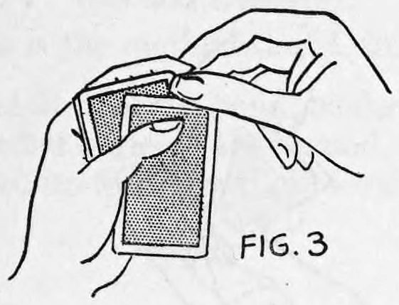 Fig. 3. — The left hand holds the deck face down while the right second finger goes beneath the bottom card and the right thumb rests on the top corner.