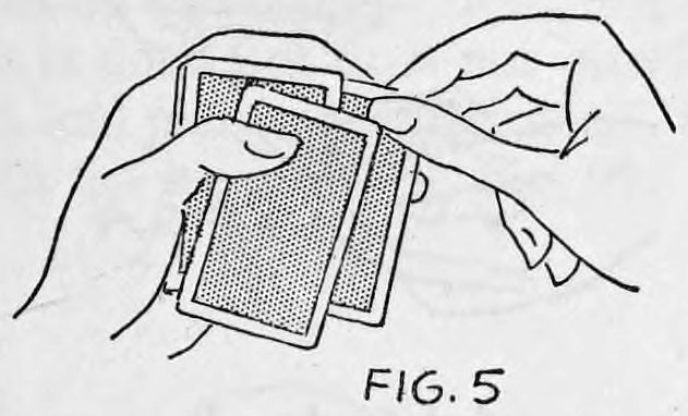 Fig. 5. — The right second finger snaps the bottom card out from the deck held in the left hand, with the right thumb on its corner and the right first finger pressing down.