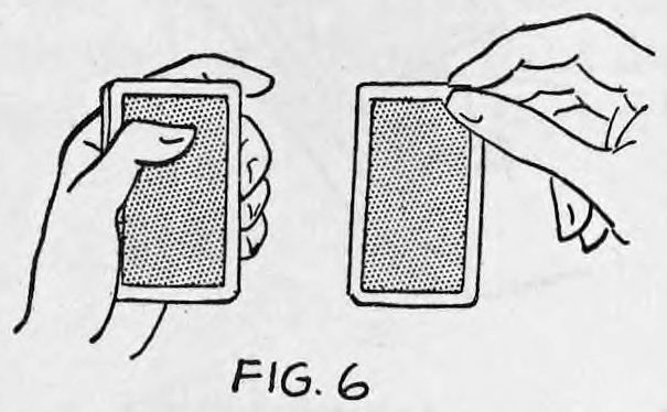 Fig. 6. — The bottom card drawn away to the right in the right hand, while the left hand holds the rest of the deck with the thumb on the top card.