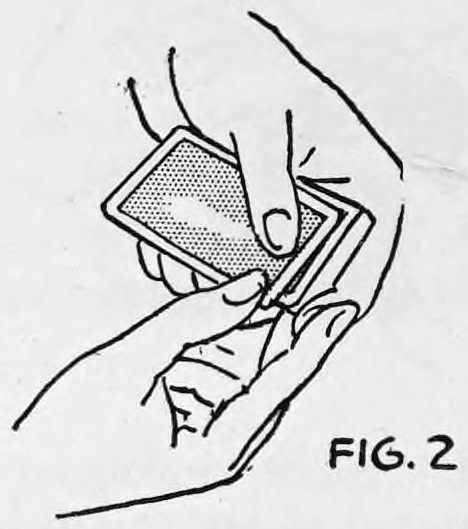 Fig. 2. — The left thumb pushes the top card off a bit while the right hand reaches in, its thumb on the top card and second finger under the bottom card.