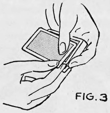 Fig. 3. — The right second finger snaps the bottom card out from the deck held in the left hand, the right thumb pressing on top of its corner.