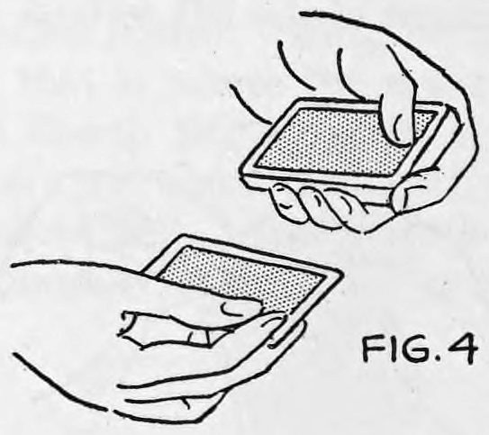 Fig. 4. — The bottom card drawn away between the right first and second fingers, while the left hand holds the rest of the deck.
