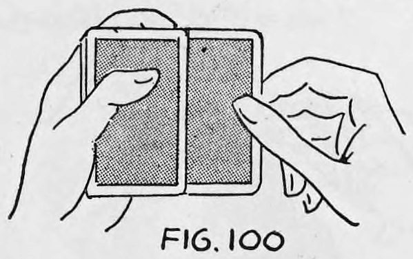 Fig. 100. — The left thumb has drawn the top card back onto the deck, leaving the second card held by the right thumb and first two fingers.