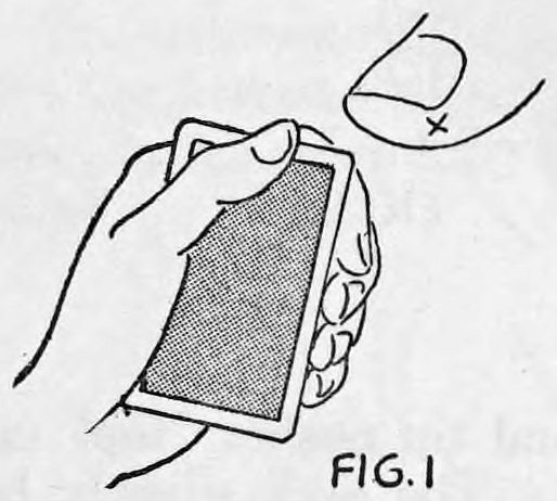 Fig. 1. — The left hand holds the deck face down, backs up, with the thumb tip on the outer narrow edge of the top card and the fingers curled up the right side.
