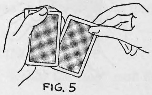 Fig. 5. — The right hand throws out the lower card while the left thumb has brought the top card back onto the deck.